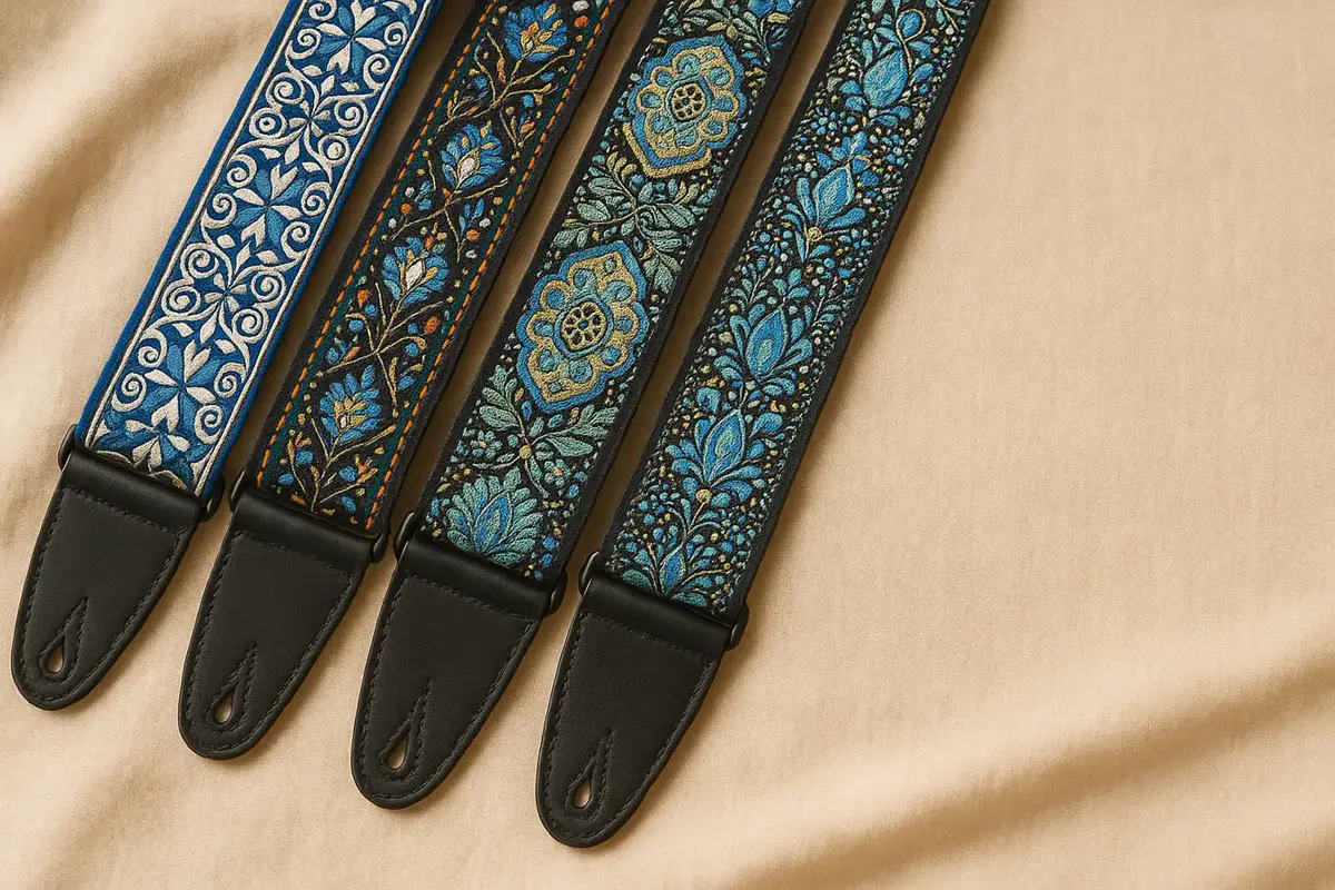 Four Fretweave woven straps laid on cream fabric, each ending in a black leather tab with a teardrop keyhole slot that slides over a strap button