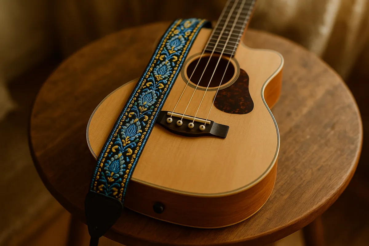 Light-wood four-string acoustic instrument on a wooden stool with a blue woven strap laid across the top, a small dark button visible on the lower edge of the body