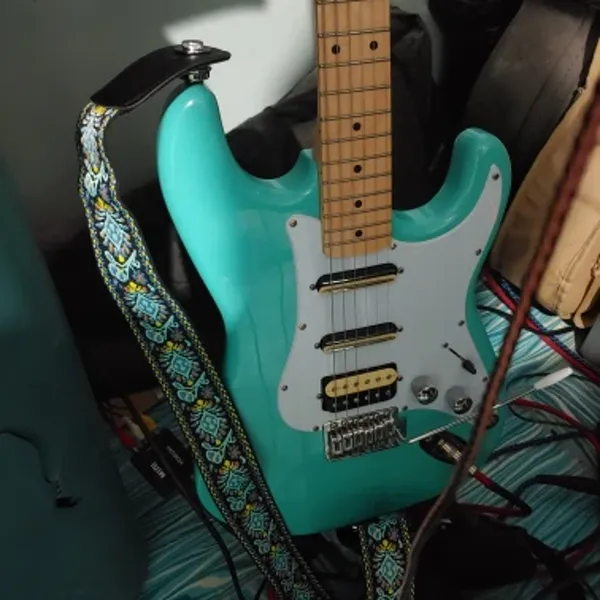 Fretweave embroidered strap on an instrument, photographed by Grace T., a verified buyer